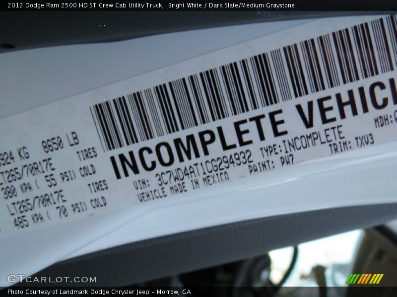 Bright White / Dark Slate/Medium Graystone 2012 Dodge Ram 2500 HD ST Crew Cab Utility Truck