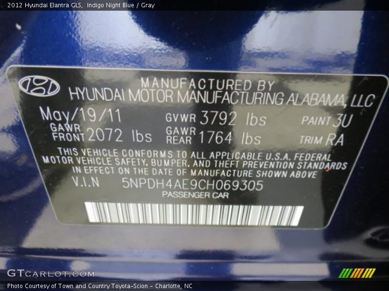 Indigo Night Blue / Gray 2012 Hyundai Elantra GLS