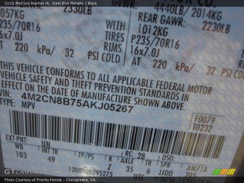 Steel Blue Metallic / Black 2010 Mercury Mariner I4