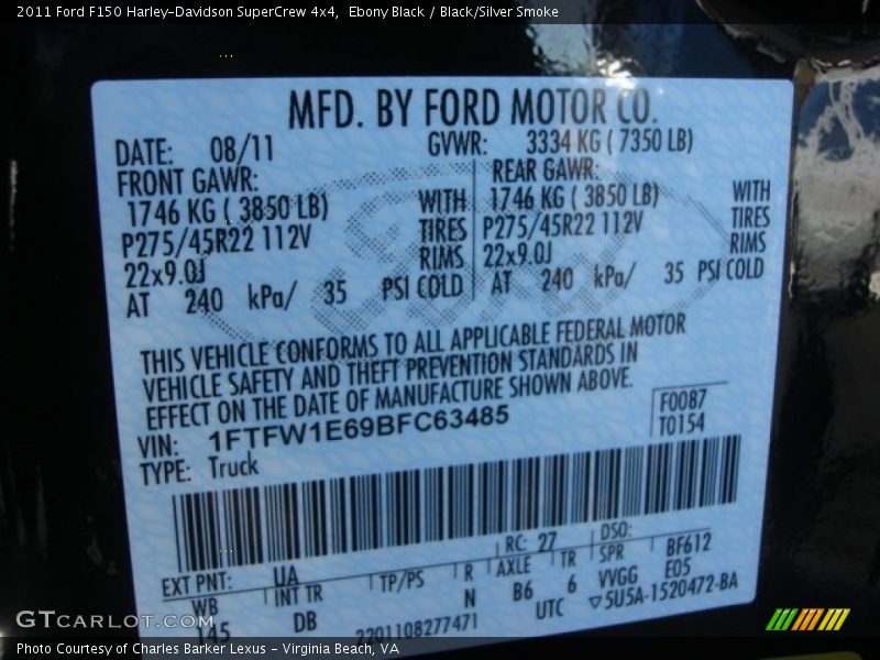 2011 F150 Harley-Davidson SuperCrew 4x4 Ebony Black Color Code UA