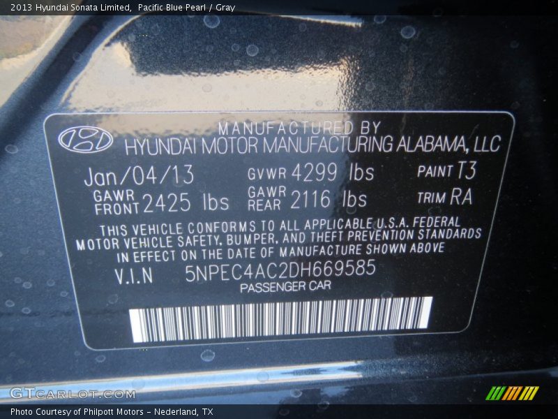 Pacific Blue Pearl / Gray 2013 Hyundai Sonata Limited