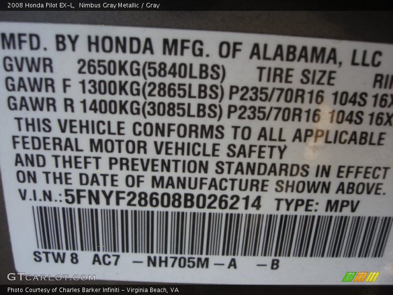 Nimbus Gray Metallic / Gray 2008 Honda Pilot EX-L