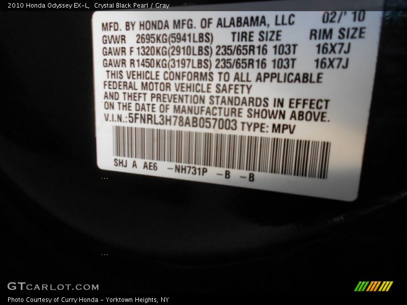 Crystal Black Pearl / Gray 2010 Honda Odyssey EX-L
