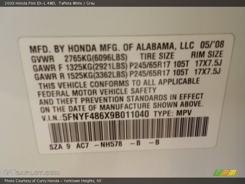 Taffeta White / Gray 2009 Honda Pilot EX-L 4WD