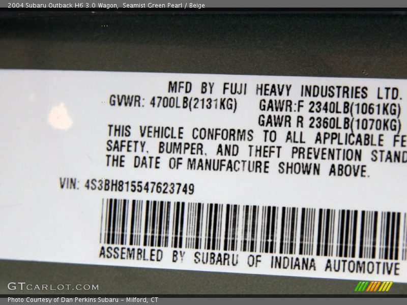 Seamist Green Pearl / Beige 2004 Subaru Outback H6 3.0 Wagon