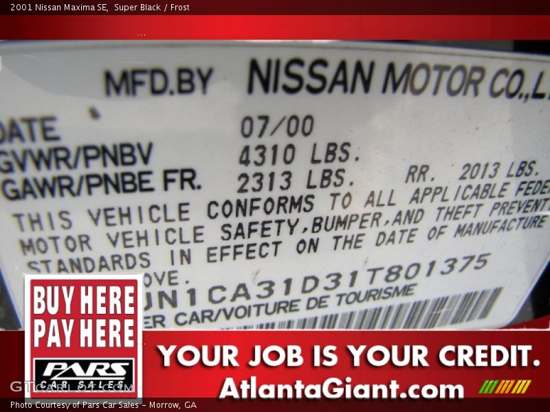 Super Black / Frost 2001 Nissan Maxima SE