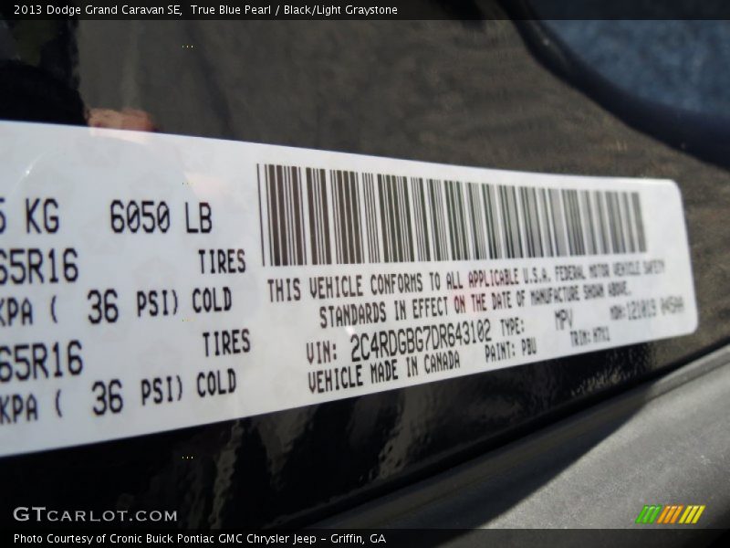 True Blue Pearl / Black/Light Graystone 2013 Dodge Grand Caravan SE