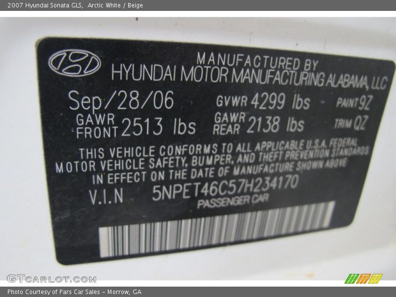 Arctic White / Beige 2007 Hyundai Sonata GLS