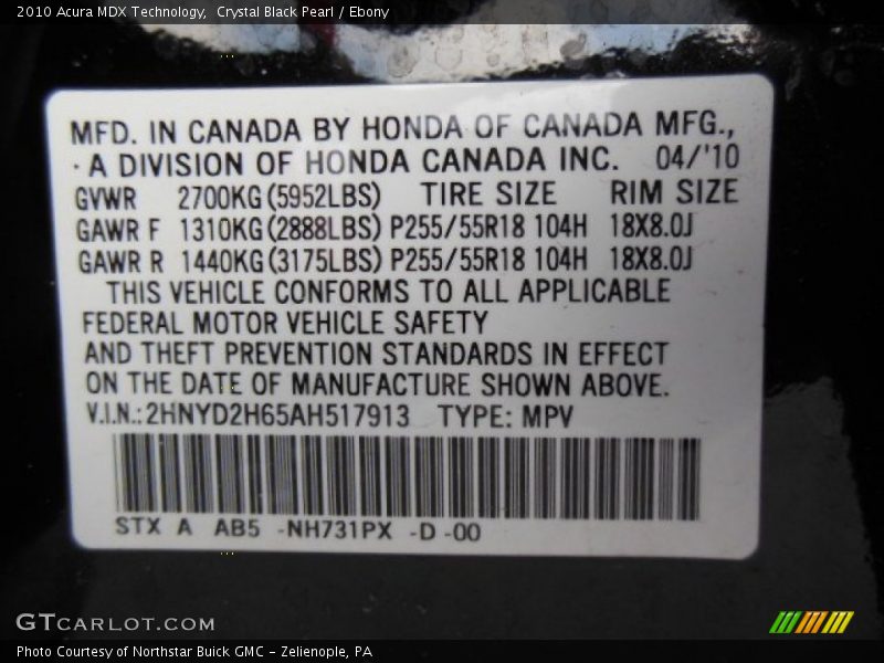 Crystal Black Pearl / Ebony 2010 Acura MDX Technology