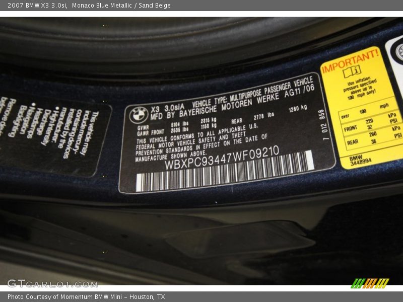 Monaco Blue Metallic / Sand Beige 2007 BMW X3 3.0si