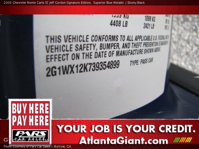 Superior Blue Metallic / Ebony Black 2003 Chevrolet Monte Carlo SS Jeff Gordon Signature Edition