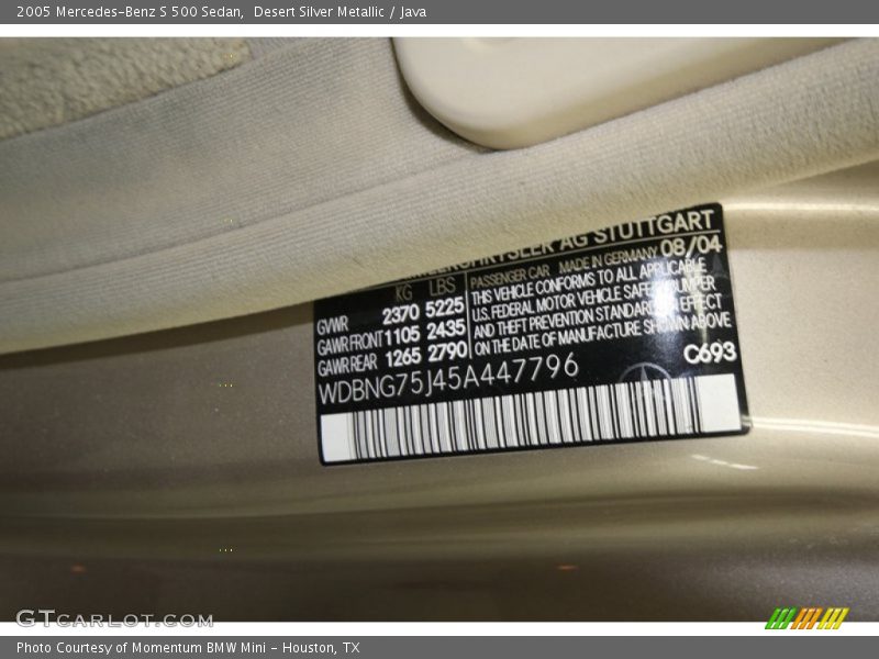 2005 S 500 Sedan Desert Silver Metallic Color Code 693