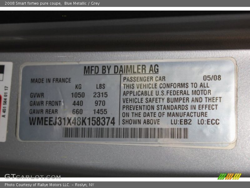Blue Metallic / Grey 2008 Smart fortwo pure coupe