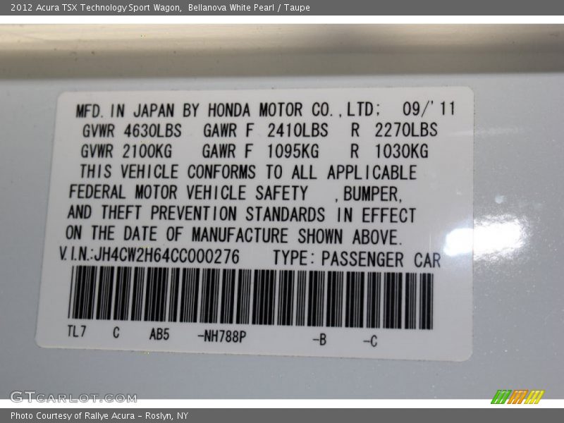 Bellanova White Pearl / Taupe 2012 Acura TSX Technology Sport Wagon