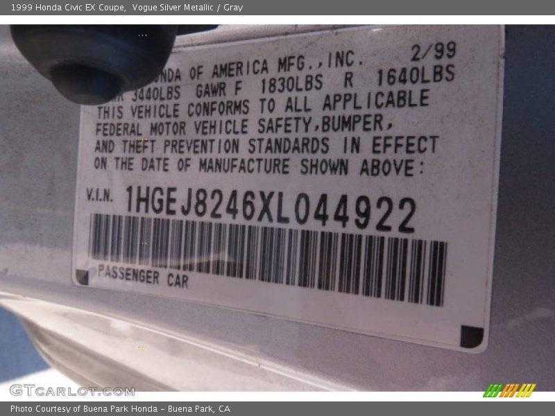 Vogue Silver Metallic / Gray 1999 Honda Civic EX Coupe