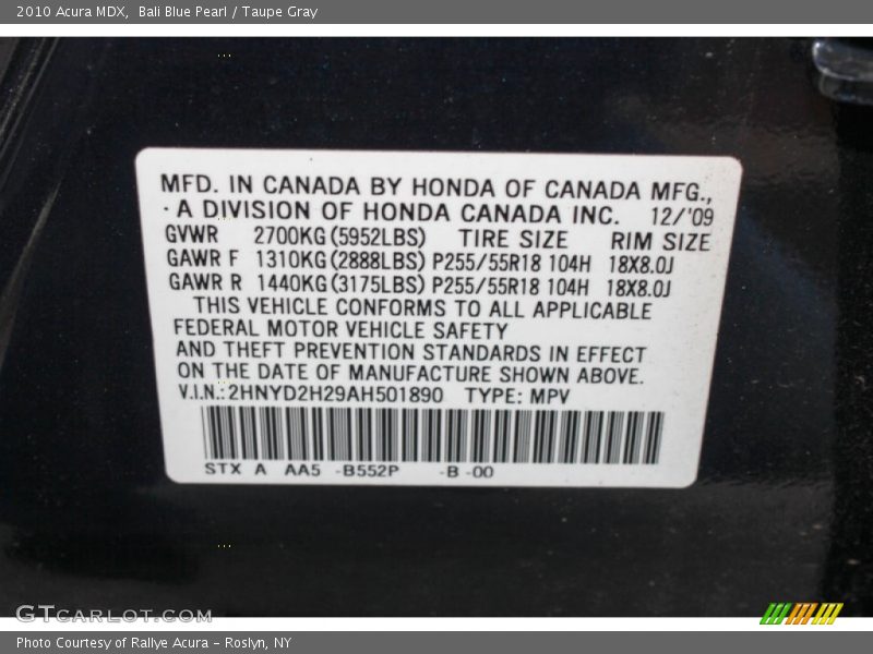 Bali Blue Pearl / Taupe Gray 2010 Acura MDX