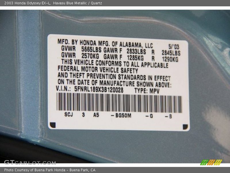 Havasu Blue Metallic / Quartz 2003 Honda Odyssey EX-L