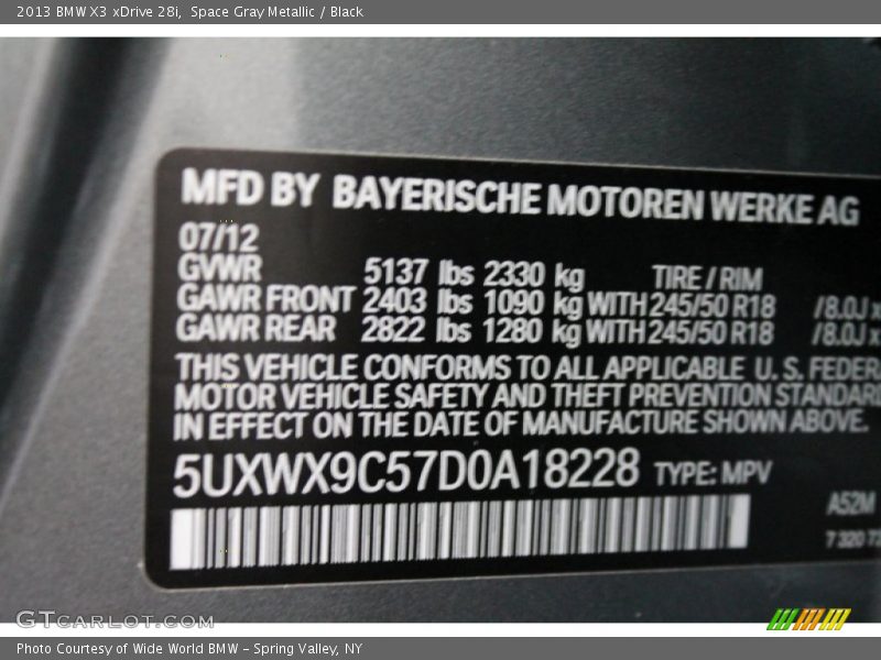2013 X3 xDrive 28i Space Gray Metallic Color Code A52