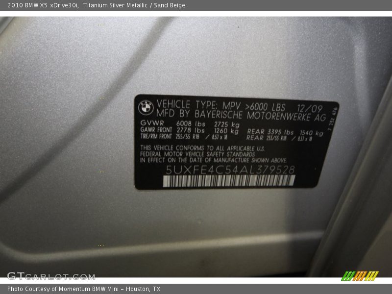 Titanium Silver Metallic / Sand Beige 2010 BMW X5 xDrive30i