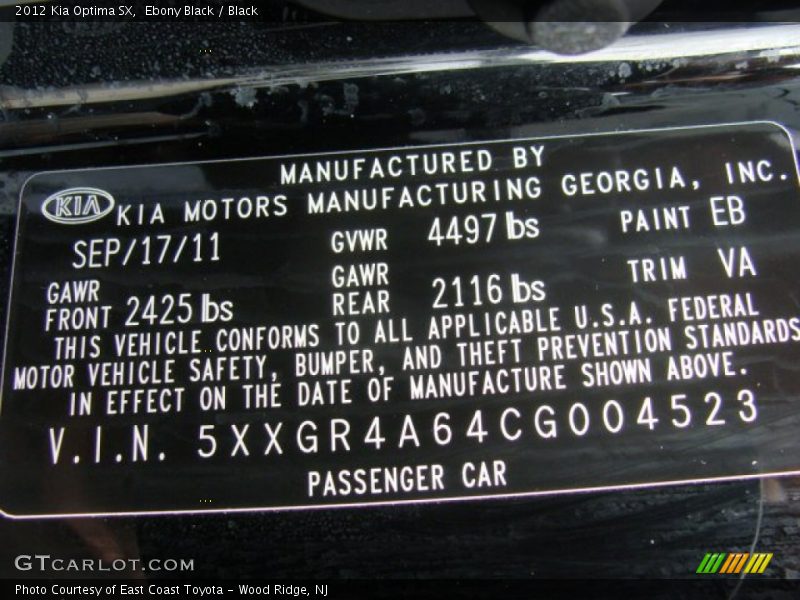 Ebony Black / Black 2012 Kia Optima SX