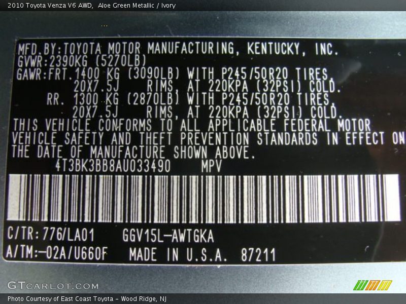 Aloe Green Metallic / Ivory 2010 Toyota Venza V6 AWD