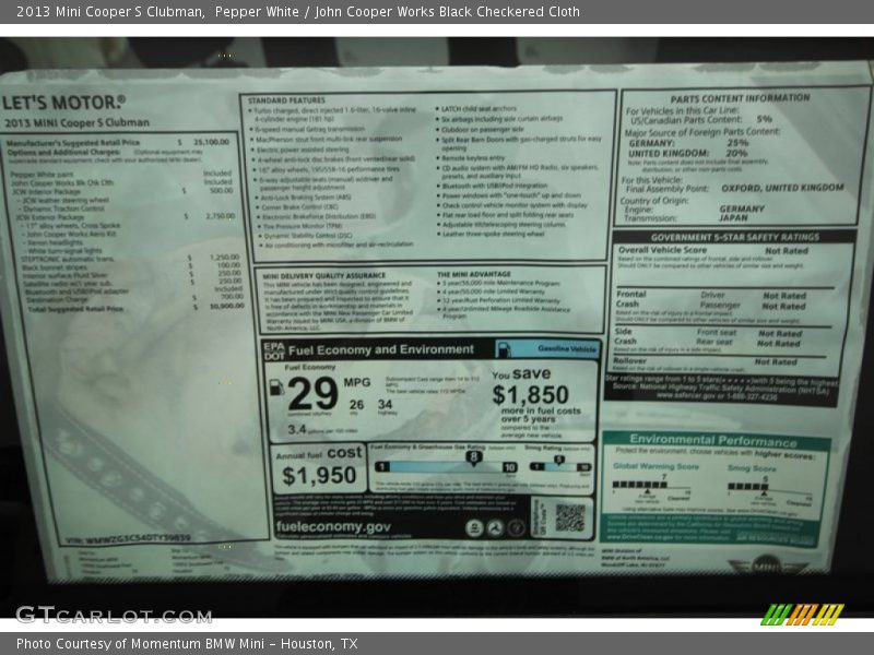 Pepper White / John Cooper Works Black Checkered Cloth 2013 Mini Cooper S Clubman