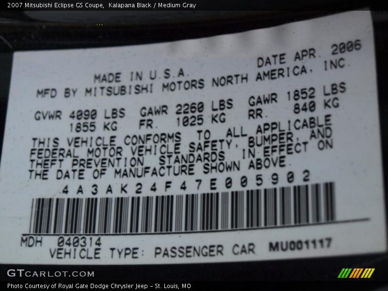 Kalapana Black / Medium Gray 2007 Mitsubishi Eclipse GS Coupe