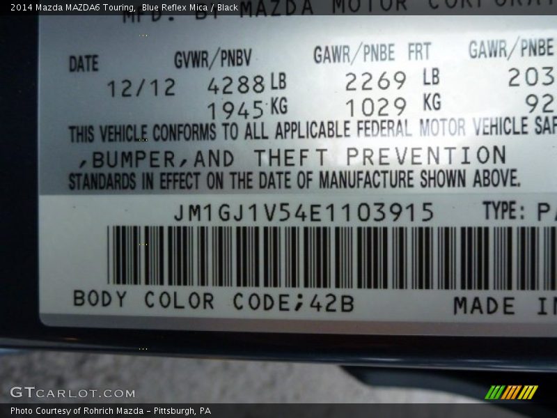 2014 MAZDA6 Touring Blue Reflex Mica Color Code 42B