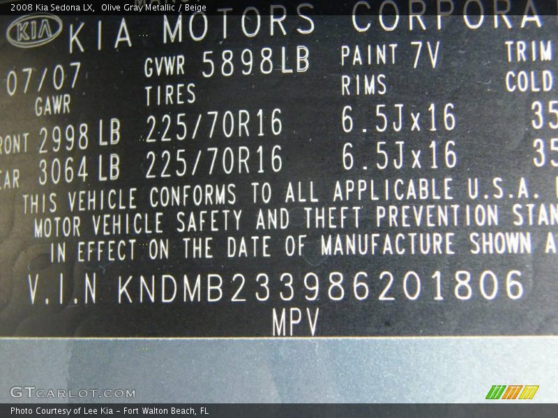 Olive Gray Metallic / Beige 2008 Kia Sedona LX