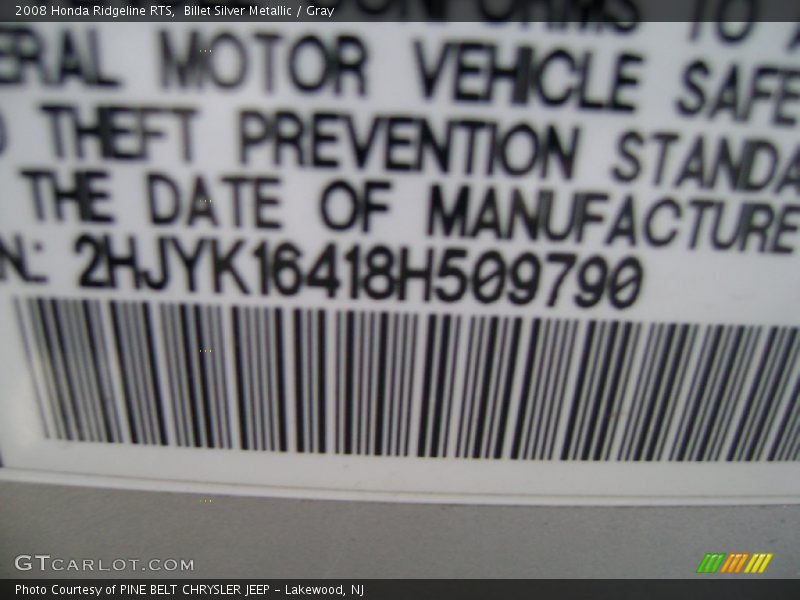 Billet Silver Metallic / Gray 2008 Honda Ridgeline RTS