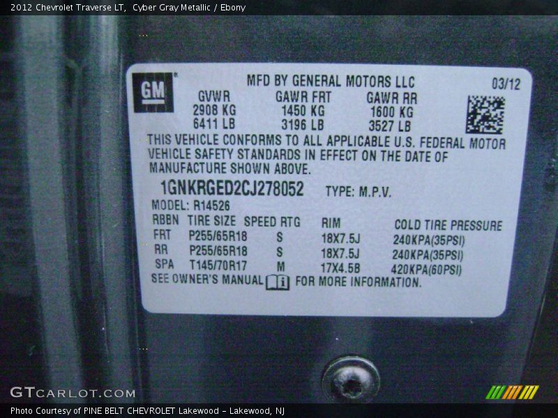 Cyber Gray Metallic / Ebony 2012 Chevrolet Traverse LT