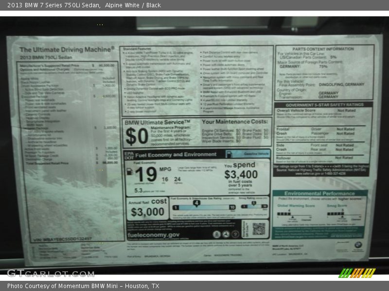  2013 7 Series 750Li Sedan Window Sticker