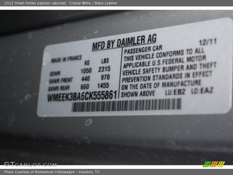 Crystal White / Black Leather 2012 Smart fortwo passion cabriolet