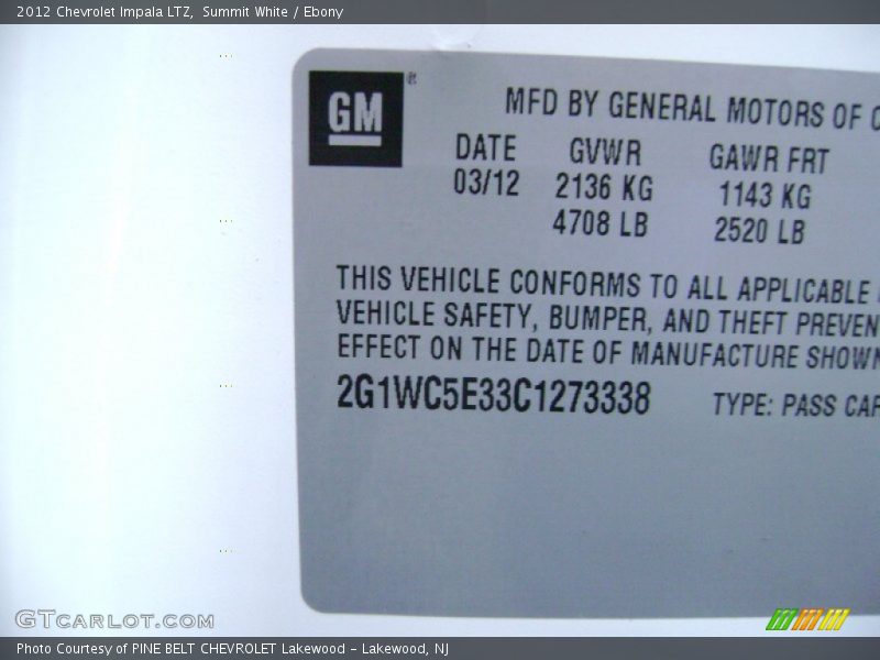 Summit White / Ebony 2012 Chevrolet Impala LTZ