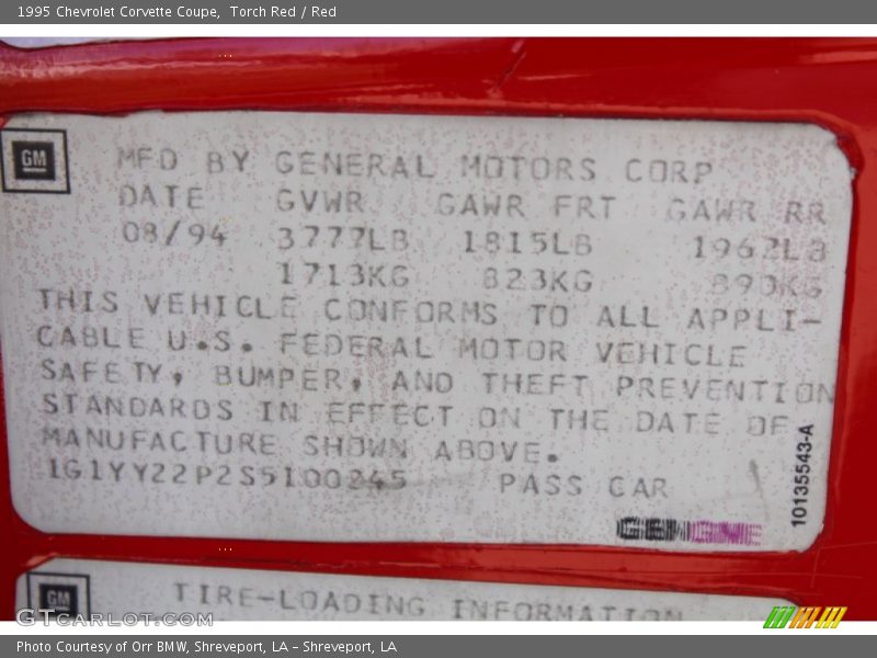 Info Tag of 1995 Corvette Coupe