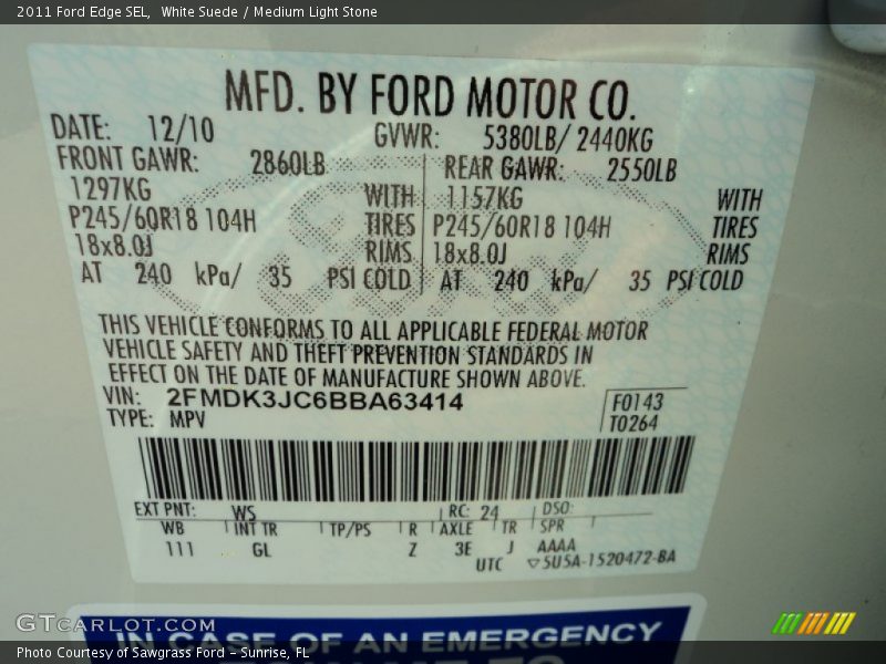 White Suede / Medium Light Stone 2011 Ford Edge SEL