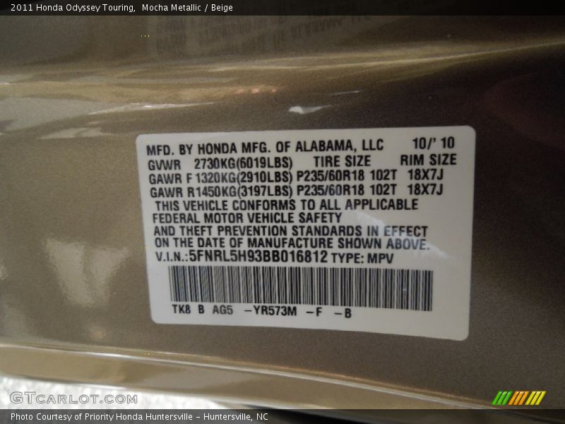Mocha Metallic / Beige 2011 Honda Odyssey Touring