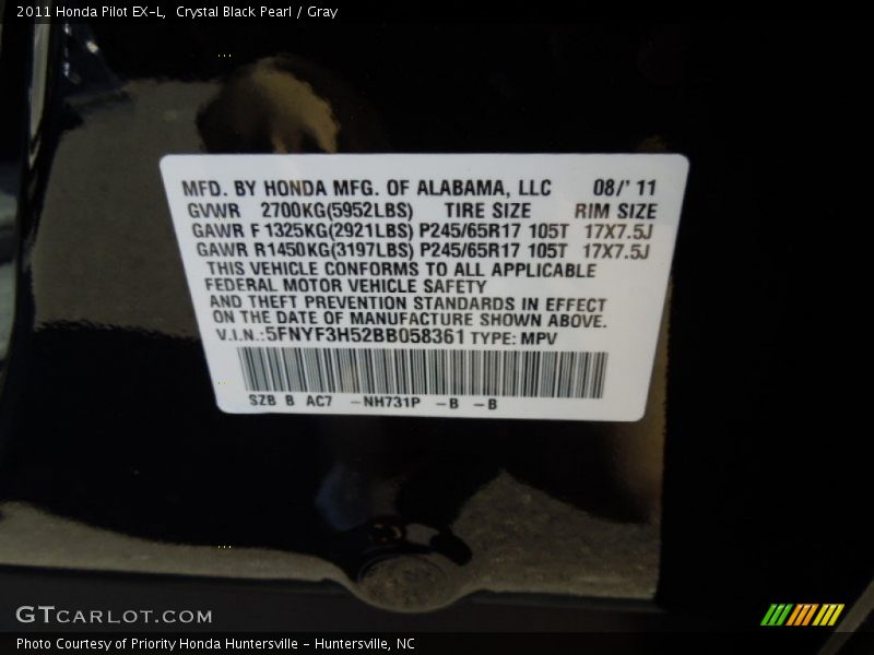 Crystal Black Pearl / Gray 2011 Honda Pilot EX-L