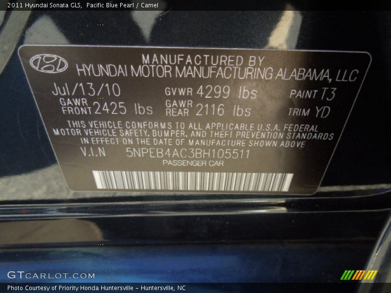 Pacific Blue Pearl / Camel 2011 Hyundai Sonata GLS