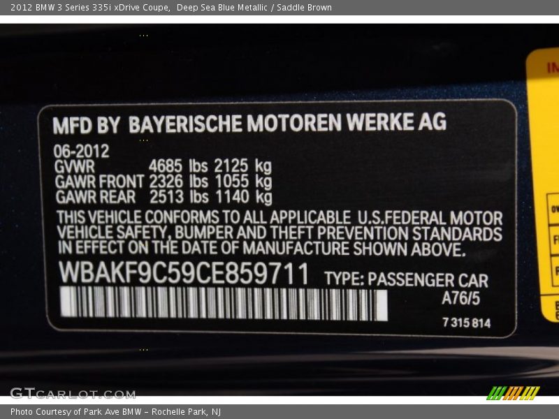 2012 3 Series 335i xDrive Coupe Deep Sea Blue Metallic Color Code A76