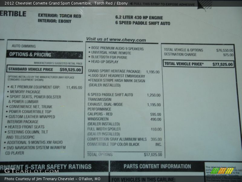  2012 Corvette Grand Sport Convertible Window Sticker