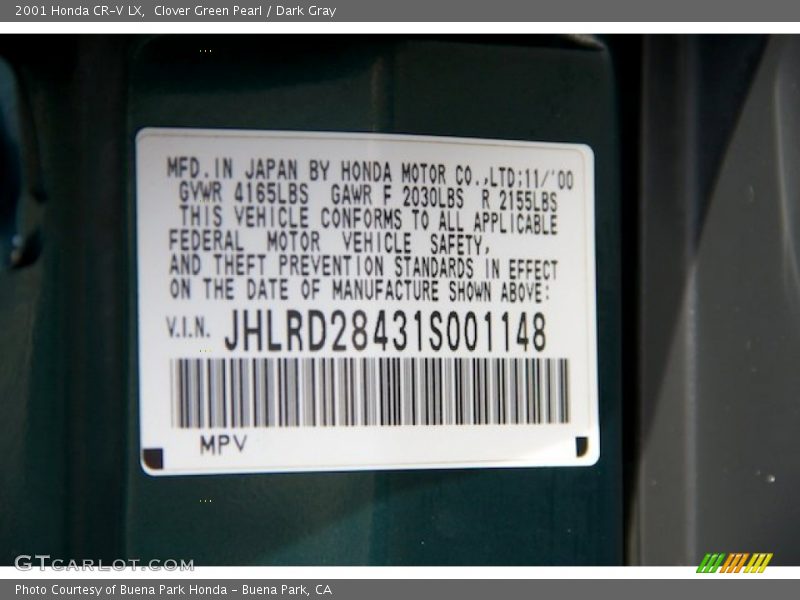 Clover Green Pearl / Dark Gray 2001 Honda CR-V LX