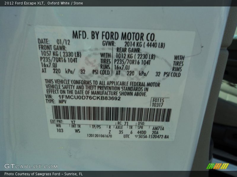 Oxford White / Stone 2012 Ford Escape XLT