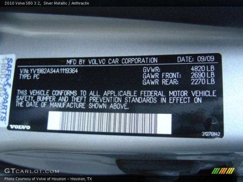 Silver Metallic / Anthracite 2010 Volvo S80 3.2