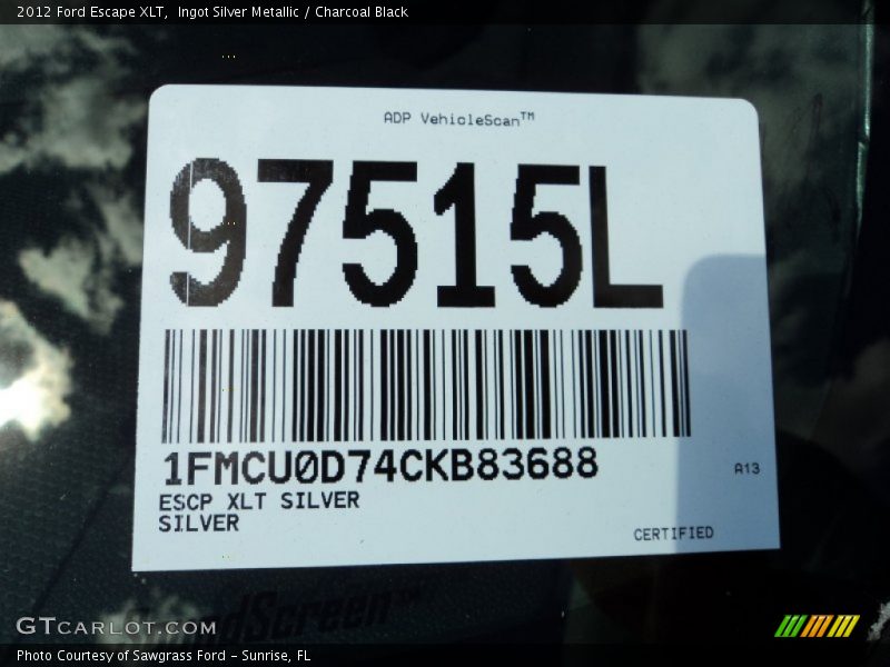 Ingot Silver Metallic / Charcoal Black 2012 Ford Escape XLT