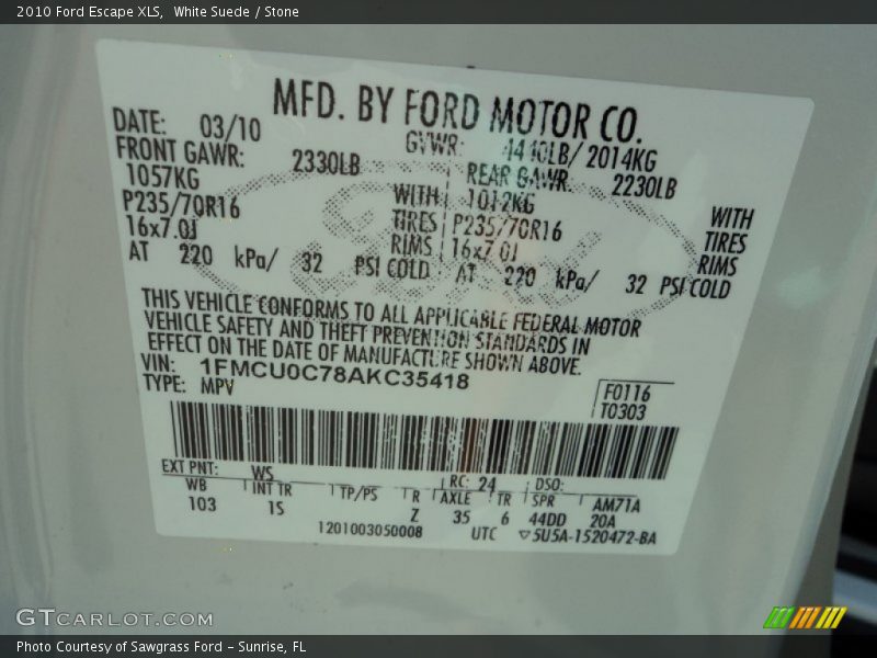 White Suede / Stone 2010 Ford Escape XLS
