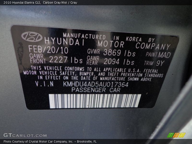 Carbon Gray Mist / Gray 2010 Hyundai Elantra GLS