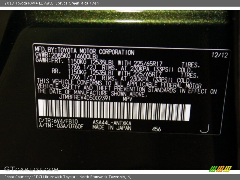2013 RAV4 LE AWD Spruce Green Mica Color Code 6V4