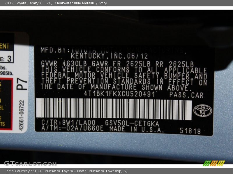 Clearwater Blue Metallic / Ivory 2012 Toyota Camry XLE V6