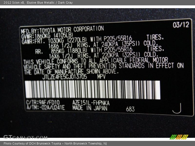 2012 xB  Elusive Blue Metallic Color Code 9AF